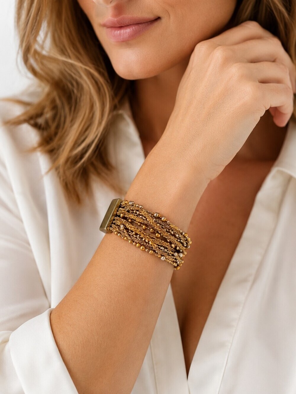 Vintage Krementz Gold Mesh Pearl Beaded Multi Strand Bracelet 70s Statement